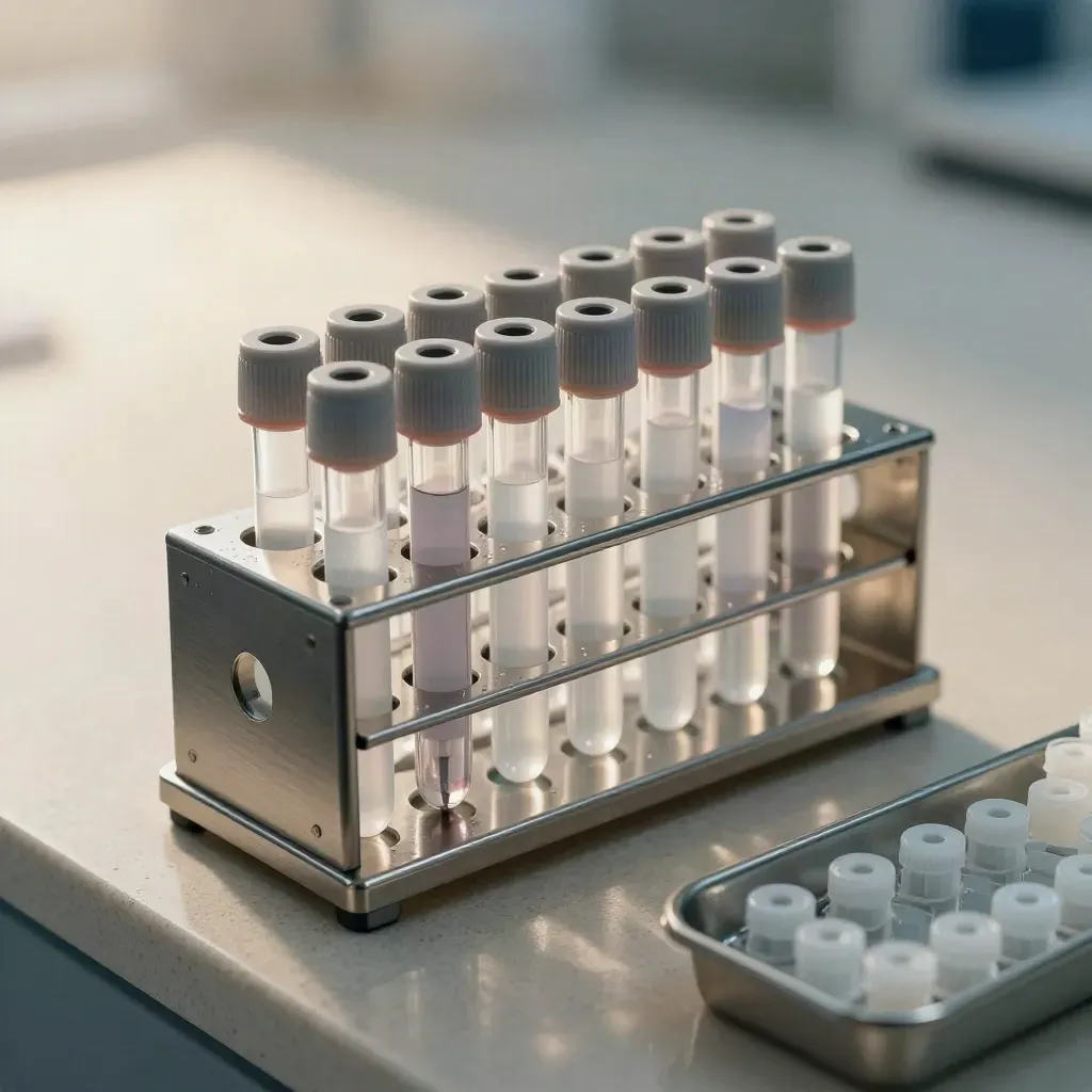 Lab vial rack, pipette stand, and sample tubes on pale stone in cool macro detail.