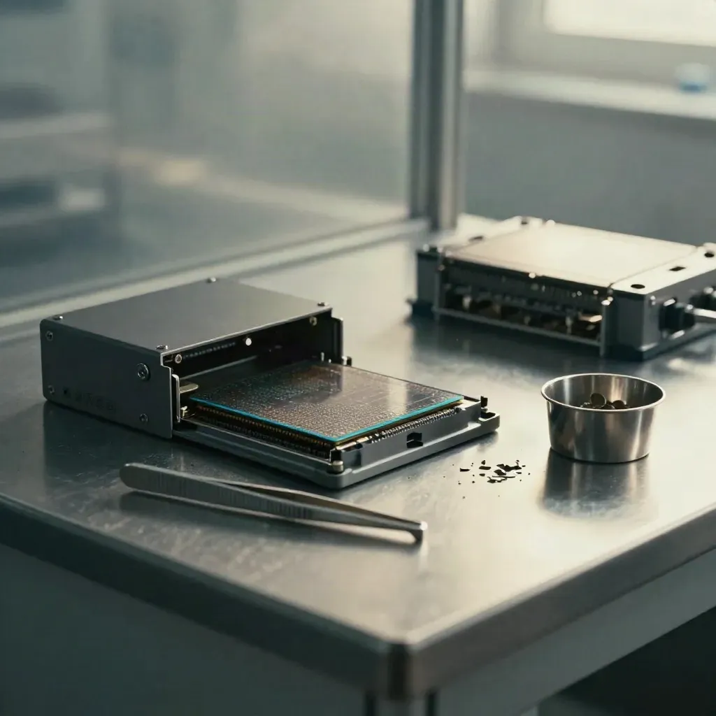 Cleanroom wafer carrier, wafer shard, tweezers and parts cup on brushed steel