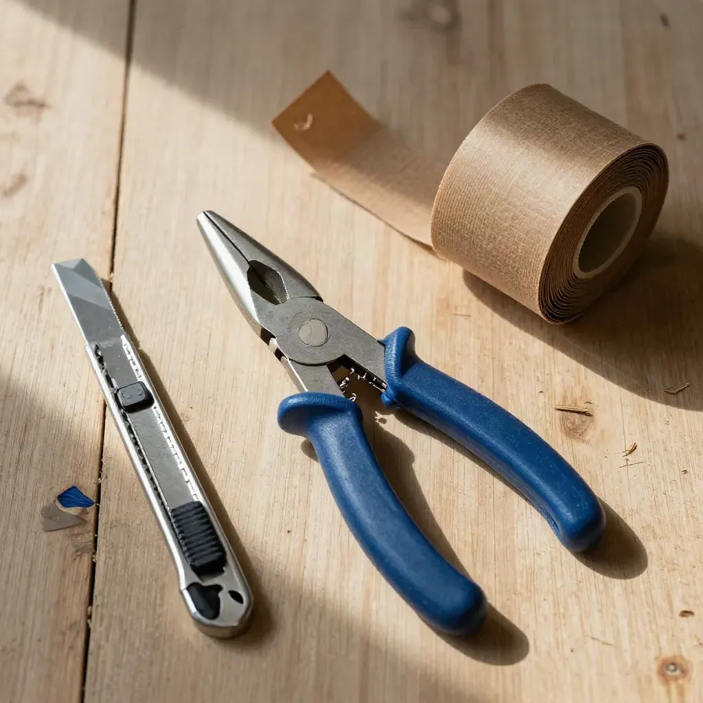 Top-down photo of parcel seal plier, guarded utility knife and strapping roll on pale wood.