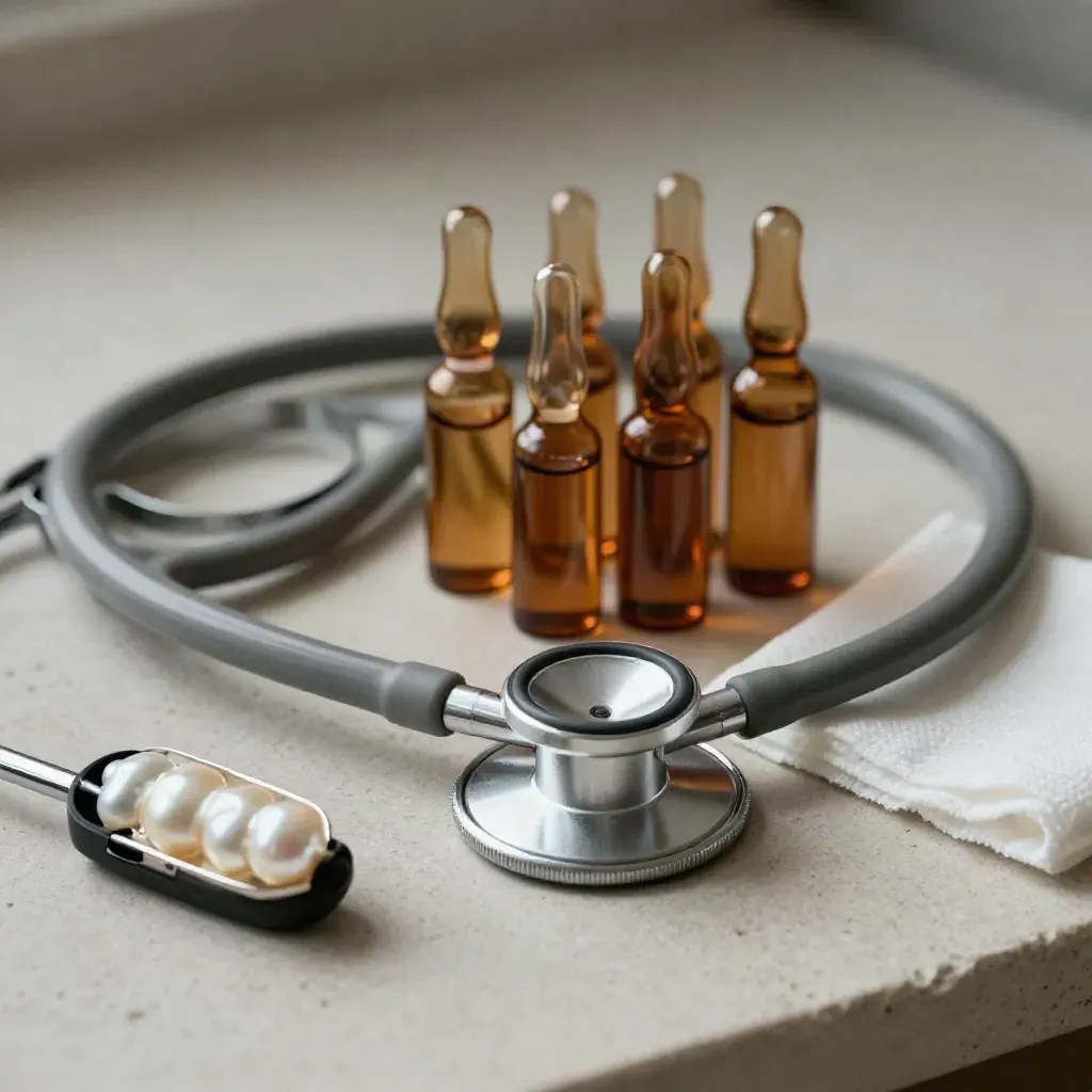 Coiled stethoscope, pulse-ox clip, and amber vials on pale stone in low hospital light.