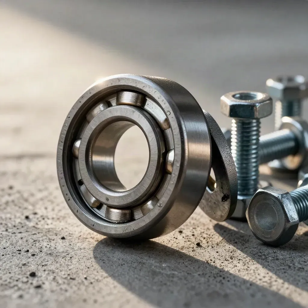 Extreme macro of bearings, gasket rings and hex bolts on concrete with dust and raking light.