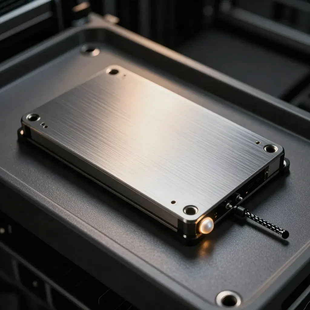 Brushed-aluminum SSD sled clicking into a cradle with braided lead and separator cards.