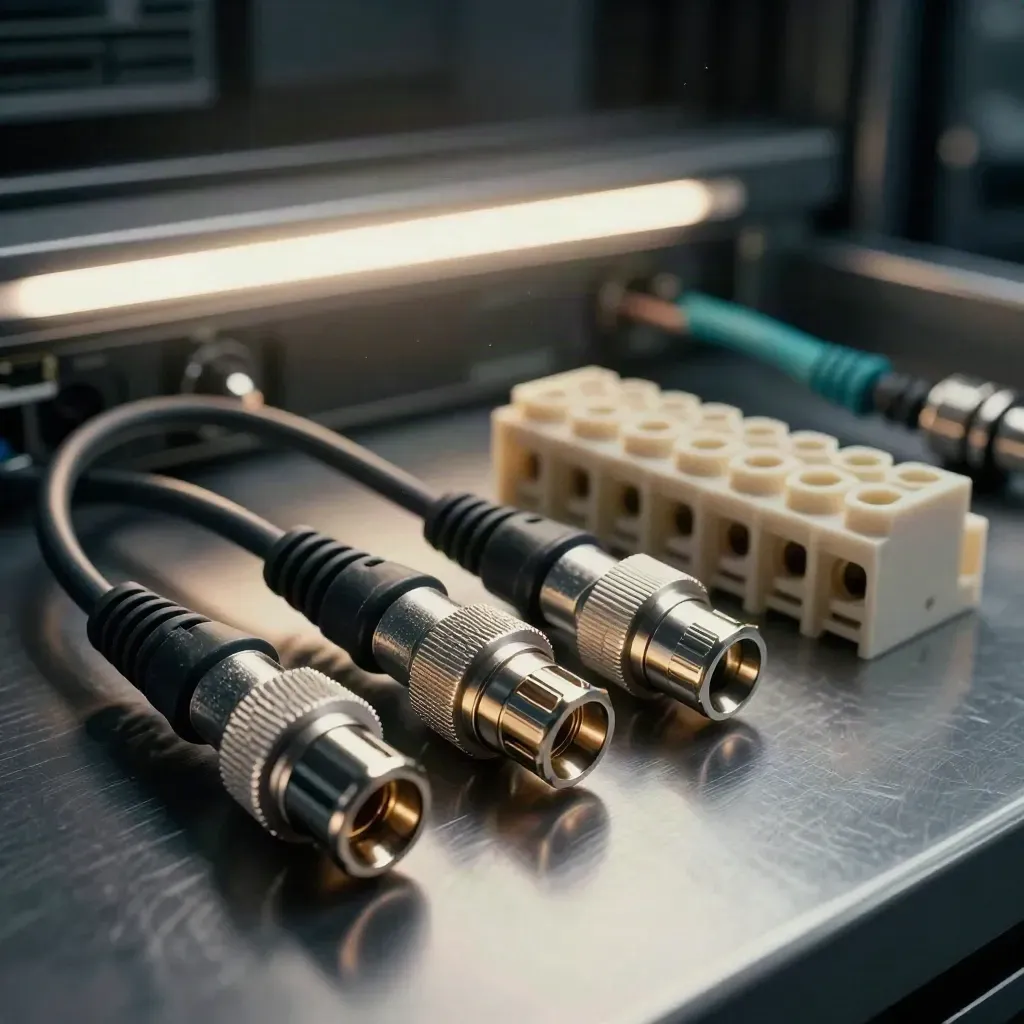 Telecom coax connectors, patch leads, and terminal blocks on dark brushed metal in cool haze