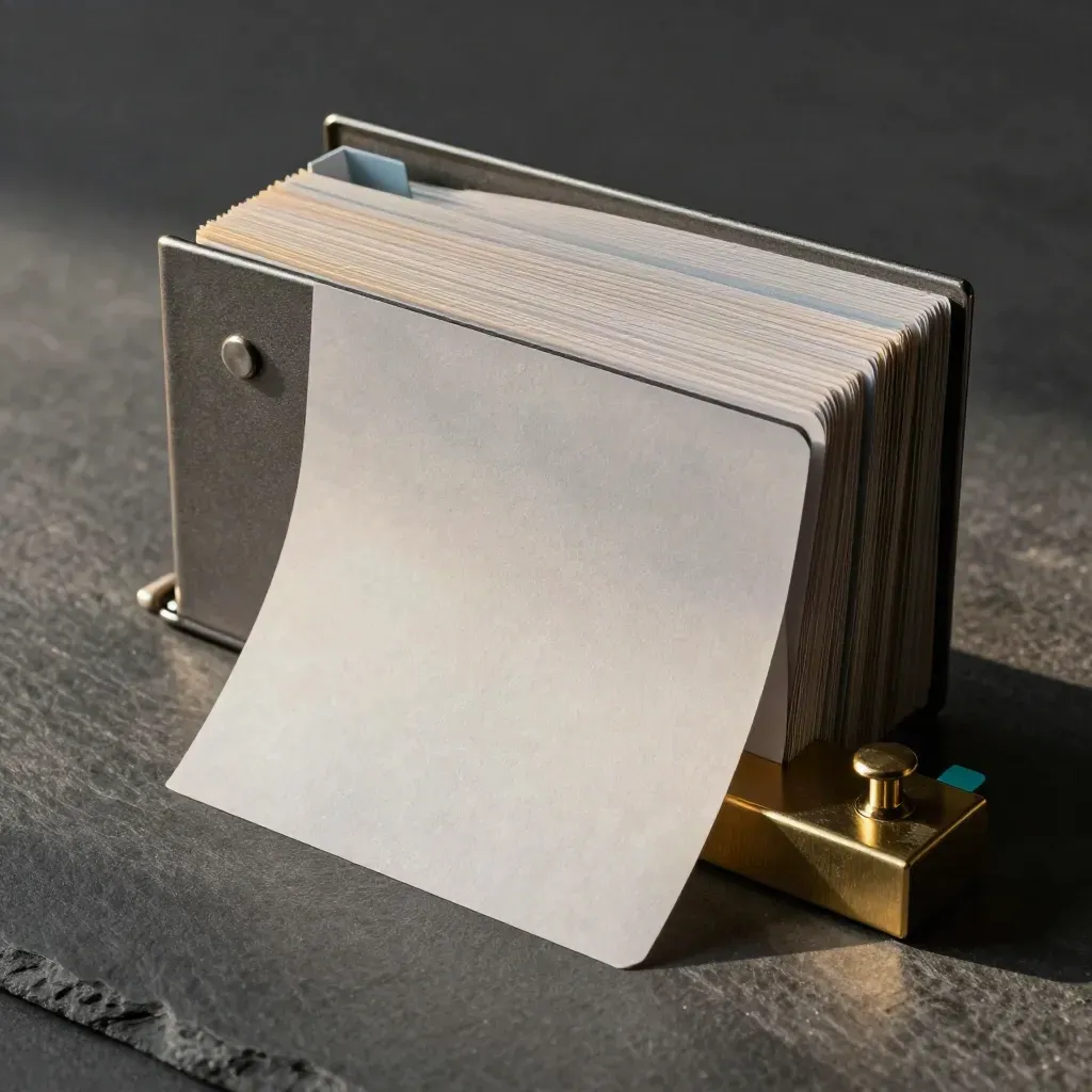 Overhead close crop of a brass paperweight and fanned index tabs in a graphite card file.