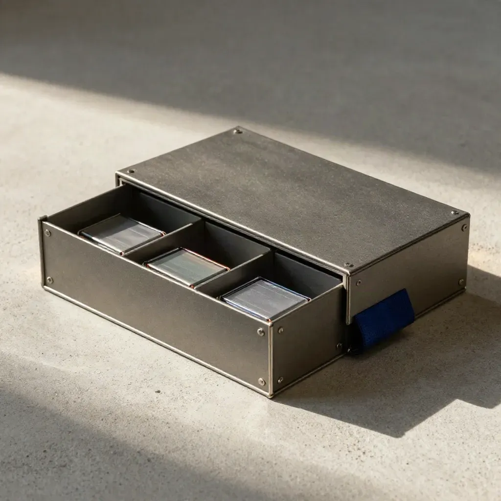Archive box with drive cartridges and paperclips on pale concrete in soft daylight.