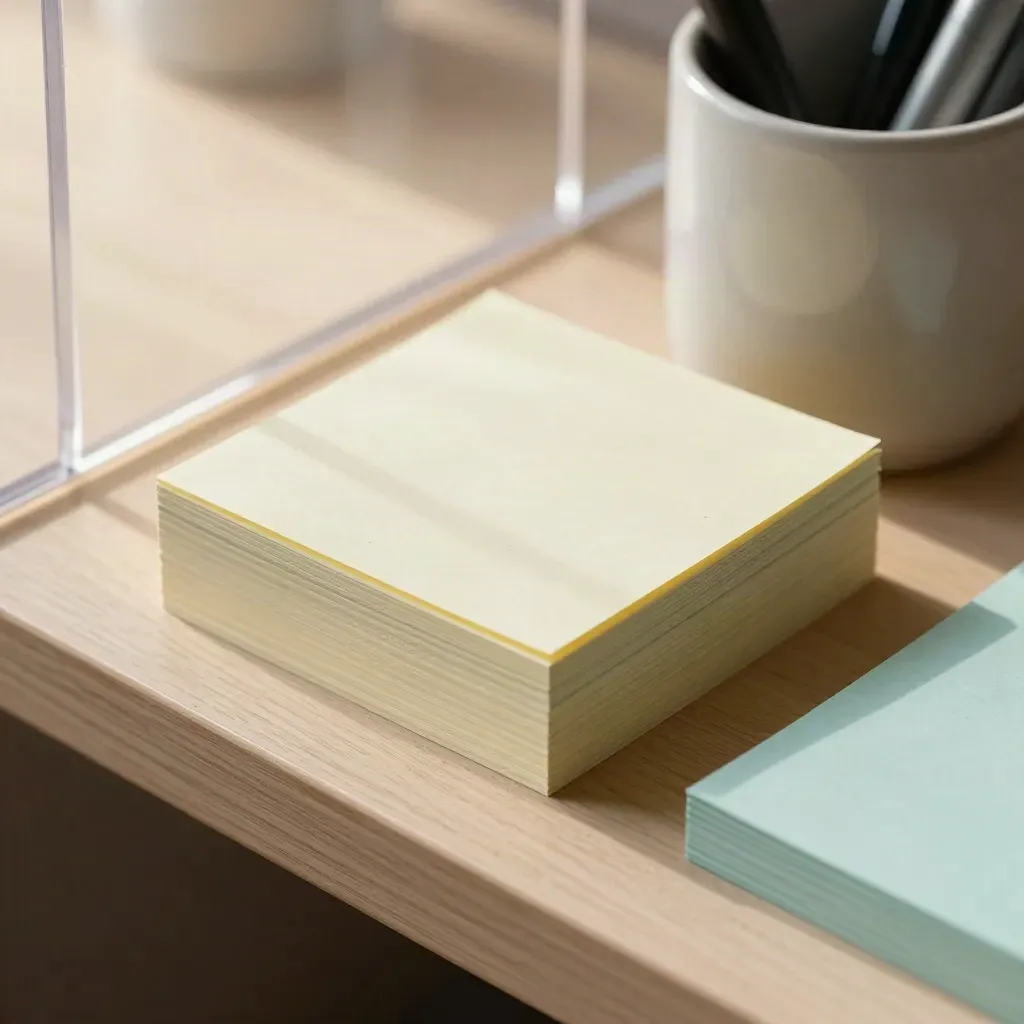 Macro sticky notes, ceramic pen cup and clipped note cards on a pale desk, seen through blurred acrylic.
