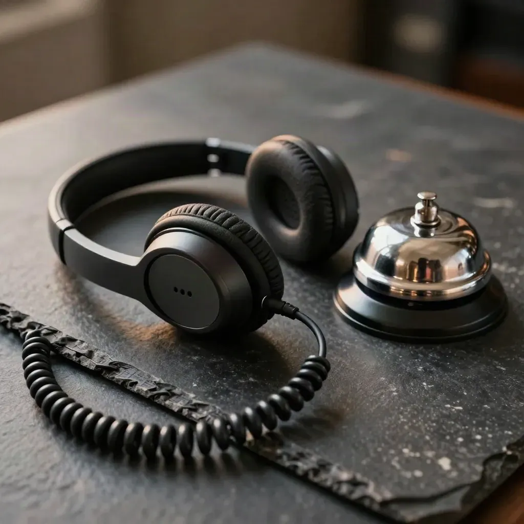 Corded headset, handset, and call bell on dark stone with haze and dramatic side light.