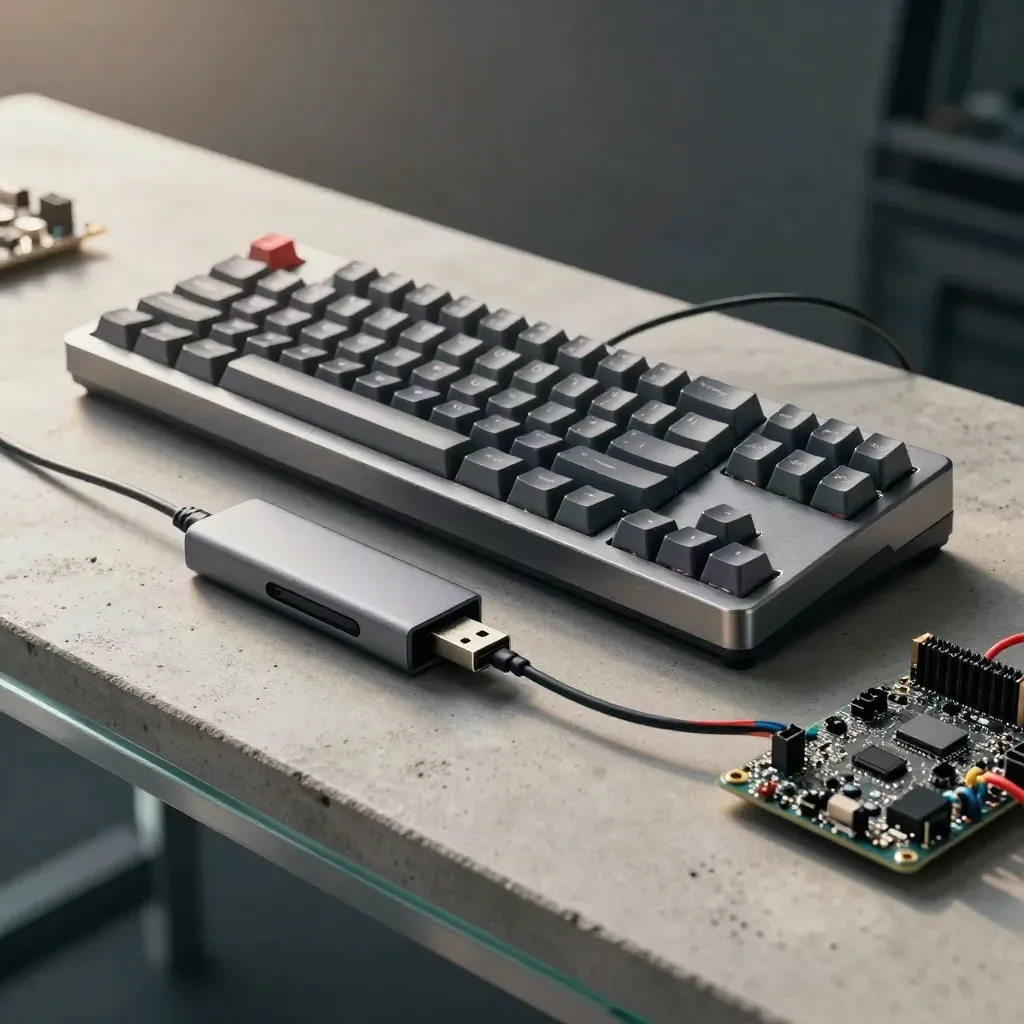 Keyboard, USB hub, and microcontroller board on a concrete bench, seen through glass