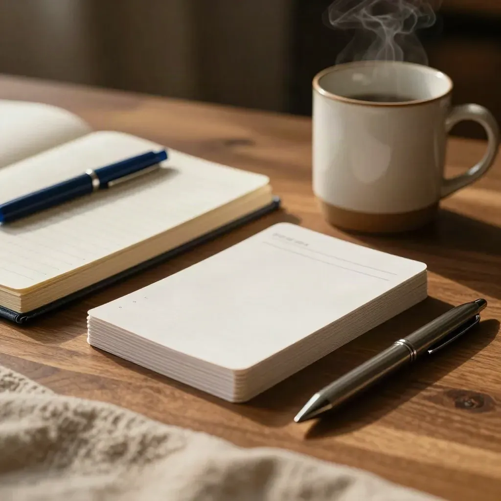 Closed notebook, mug, planning cards and pen on walnut wood in warm dramatic light.