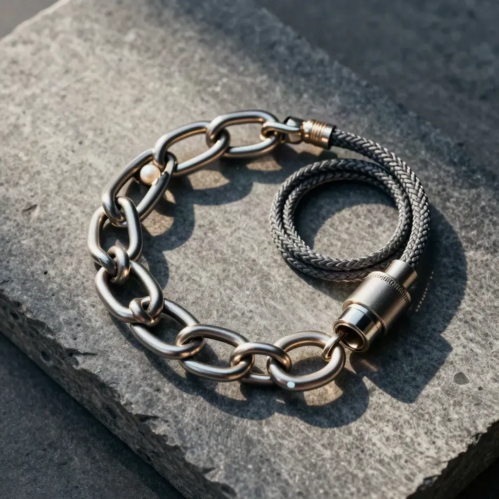Linked metal rings, cable loop, and coupler on brushed stone in soft editorial light.