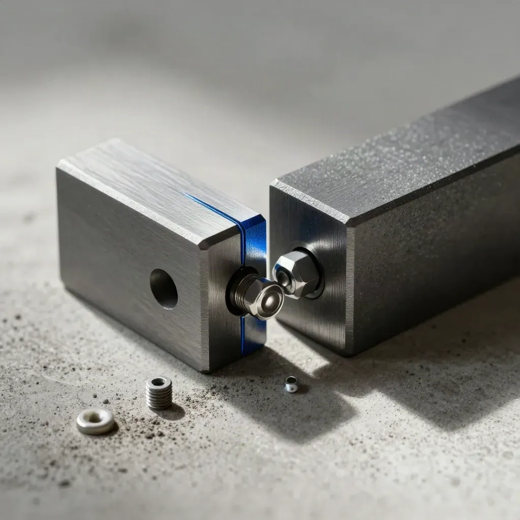 Machined blocks interlocking with fasteners and a steel shim on pale concrete.