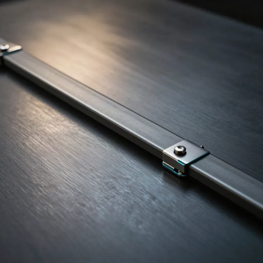 Modular rails and connectors locking on dark brushed metal with a cyan highlight.