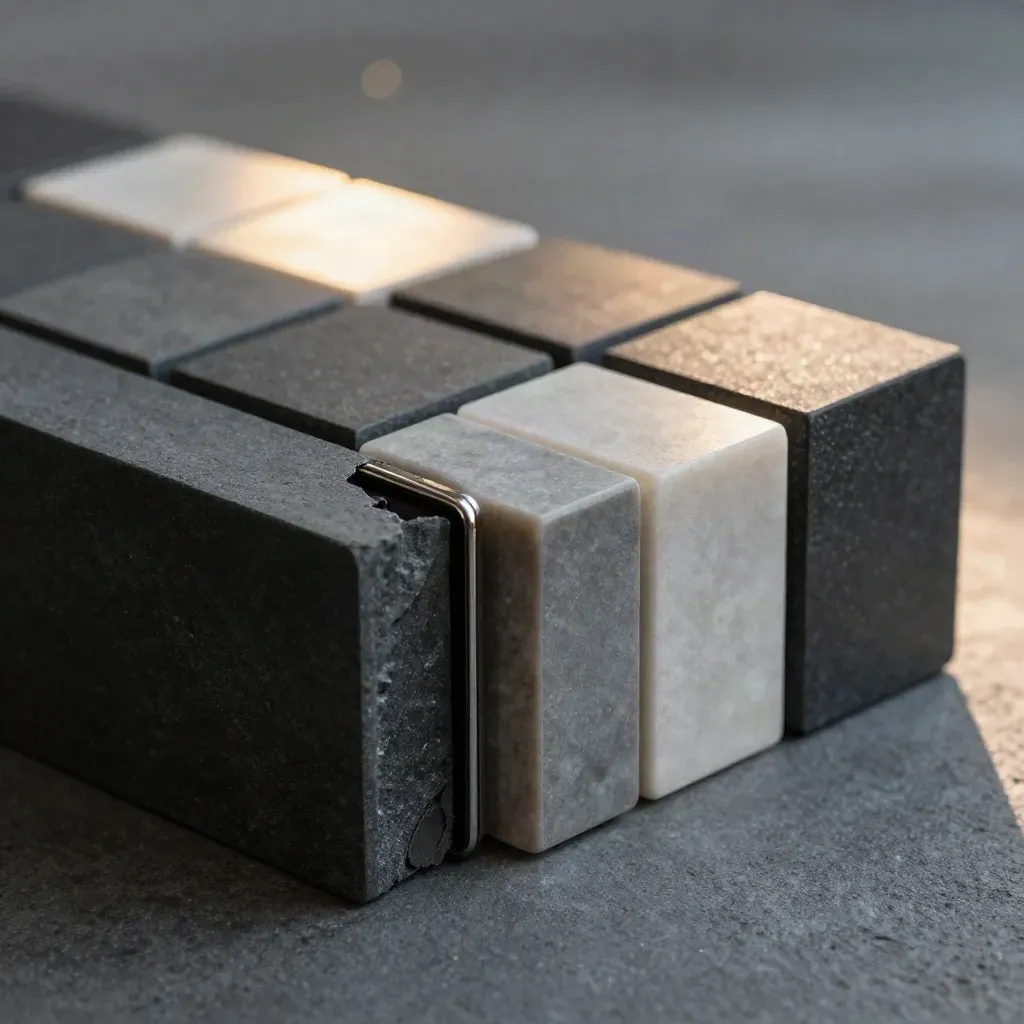 Matte graphite cubes, magnetic bar, and stone tile arranged in a diagonal modular still life.